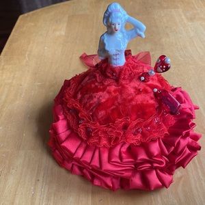 Pin cushion doll, vintage with new handmade skirt, stuffed, 7x7”